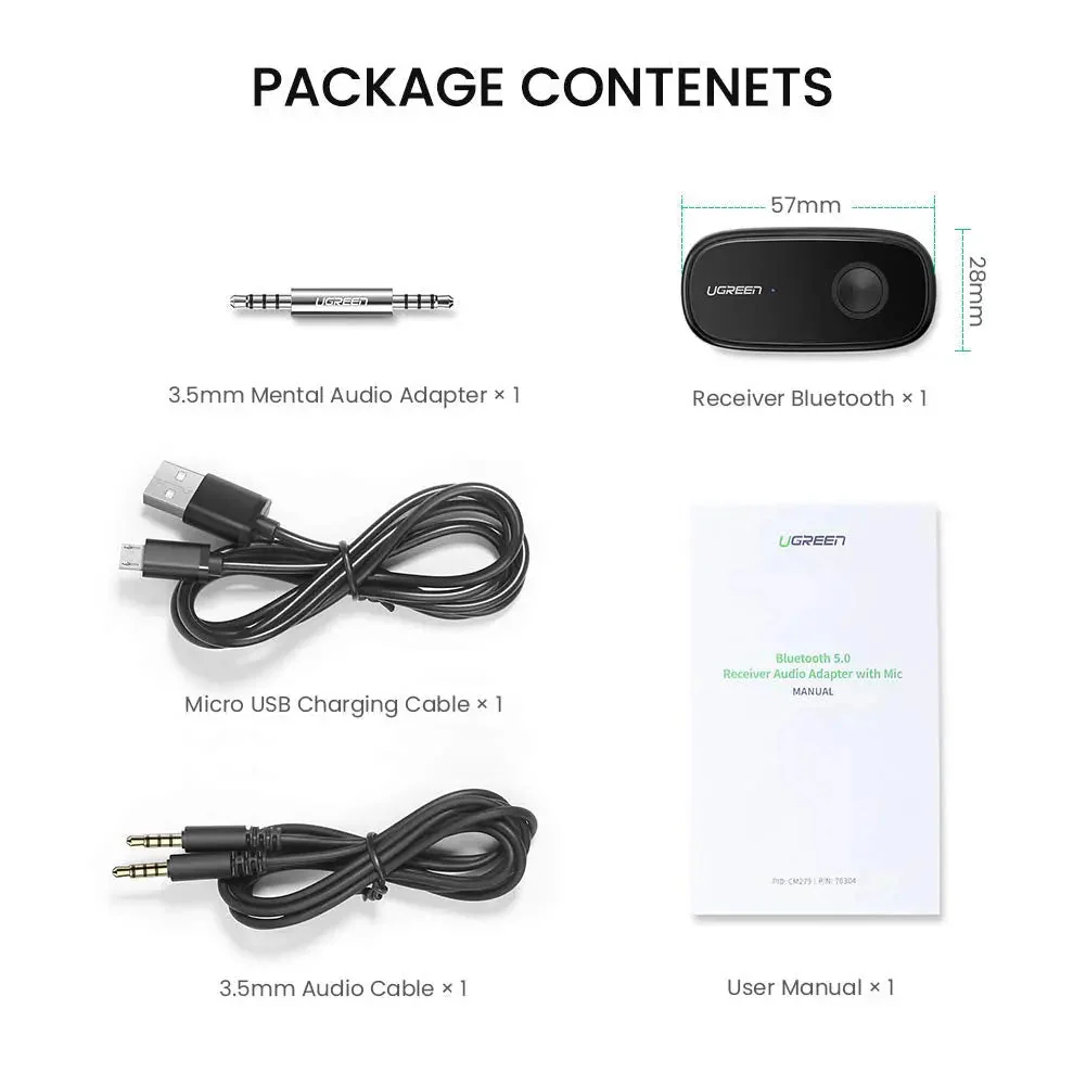 UGREEN Bluetooth Receiver Audio Adapter - battery powered with internal mic for hands free phone call - Image 9
